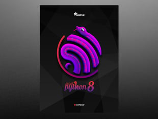 Overhead shot of a poster against a gray background. Poster illustration features a purple and pink snake coiled to resemble Espressif's globe-shaped logo. Text includes: "Circuit Python 8" in a snake-shaped font.