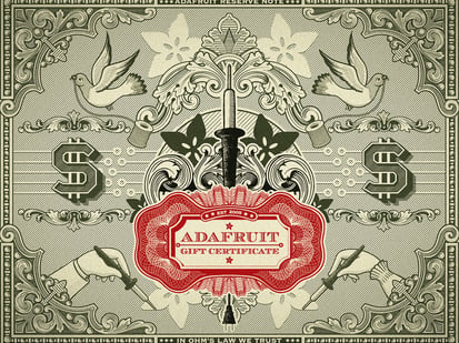 $5 Gift Certificate - Stylized graphic with US dollar signs and "Adafruit Gift Certificate" in filigree font.