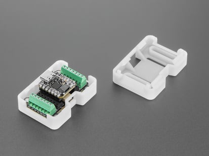 Snap-on Enclosure for Adafruit Terminal Block BFF Add-On - Angled Demo Shot of the opened Snap-on Enclosure for Adafruit Terminal Block BFF Add-On.